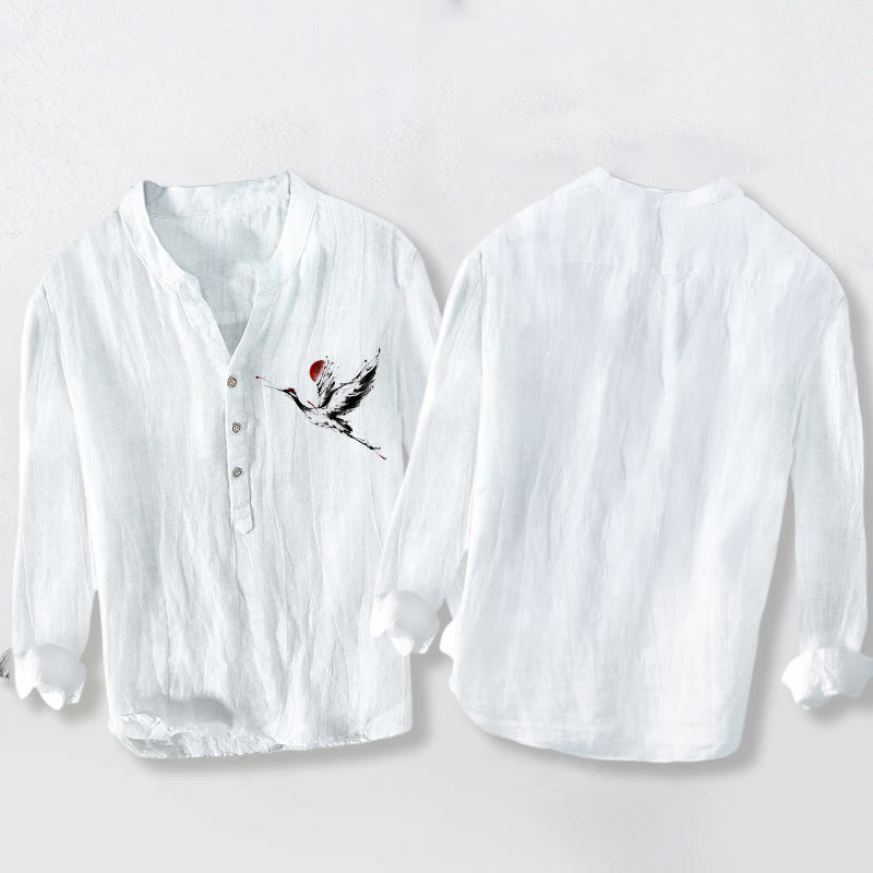 Camisa de manga larga de algodón y lino para hombre con diseño de Buddha Stones, grulla voladora y sol, con botones y medio cuello - image 8