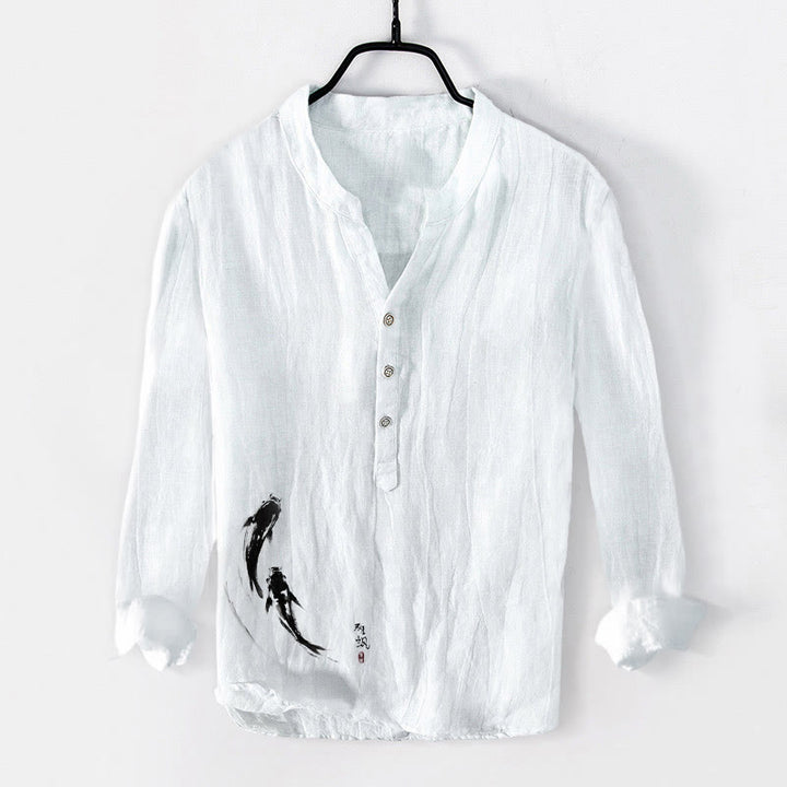 Camisa de manga larga de algodón y lino para hombre con estampado de dos peces koi y Buddha Stones , con botones y medio cuerpo - Blanco - US/UK/AU50, UE60 (5XL) - image 6