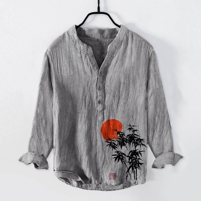 Camisa de manga larga de lino y algodón para hombre con estampado de sol rojo, hojas de bambú y Buddha Stones , con botones y medio cuello - Gris - US/UK/AU50, UE60 (5XL) - image 3