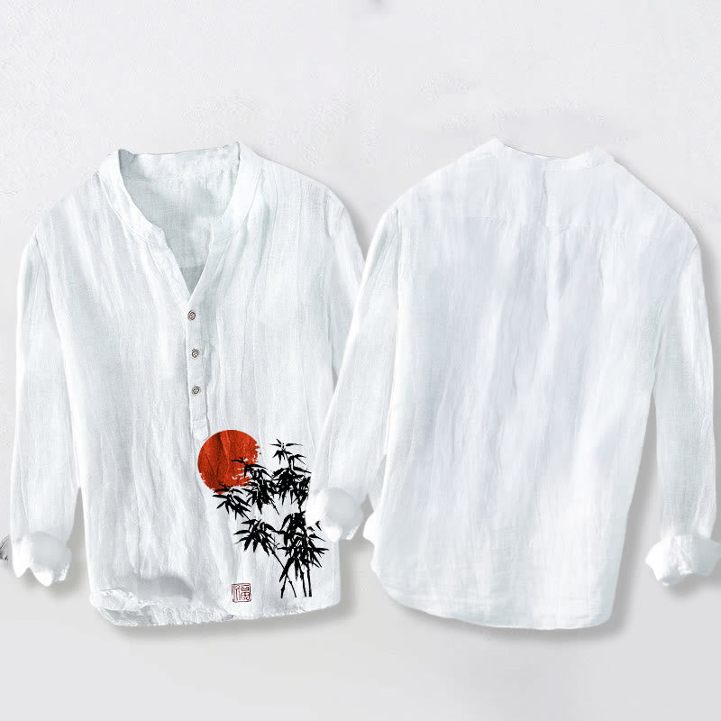 Camisa de manga larga de lino y algodón para hombre con estampado de sol rojo, hojas de bambú y Buddha Stones , con botones y medio cuello - image 8