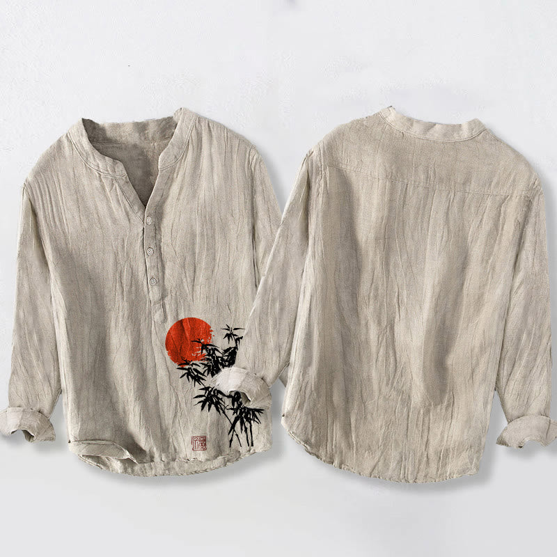 Camisa de manga larga de lino y algodón para hombre con estampado de sol rojo, hojas de bambú y Buddha Stones , con botones y medio cuello - image 2