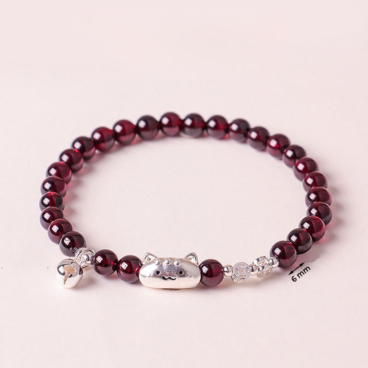 Pulsera de cuentas de granate con cabeza de gato natural de plata de ley 999 con Buddha Stones - image 18