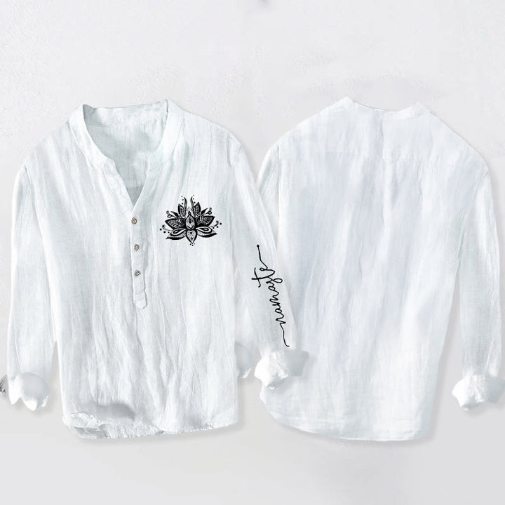 Camisa de manga larga de lino y algodón para hombre con estampado de loto y Buddha Stones, con botones y medio cuello - image 8