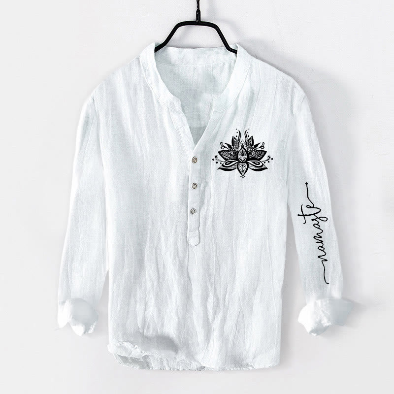Camisa de manga larga de lino y algodón para hombre con estampado de loto y Buddha Stones, con botones y medio cuello - Blanco - US/UK/AU50, UE60 (5XL) - image 6