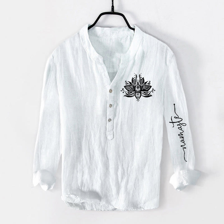 Camisa de manga larga de lino y algodón para hombre con estampado de loto y Buddha Stones, con botones y medio cuello - Blanco - US/UK/AU50, UE60 (5XL) - image 6