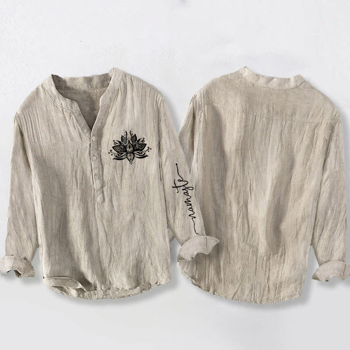 Camisa de manga larga de lino y algodón para hombre con estampado de loto y Buddha Stones, con botones y medio cuello - image 2