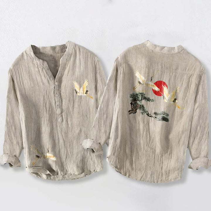 Camisa de manga larga de algodón y lino para hombre, con diseño de Buddha Stones, grulla, sol rojo, pino y medio botón. - Lino - US/UK/AU50, UE60 (5XL) - image 3