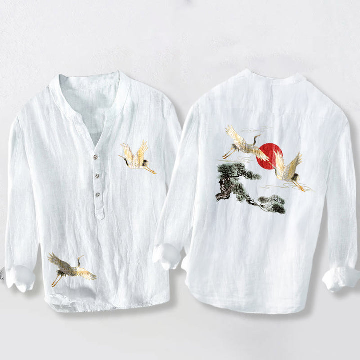 Camisa de manga larga de algodón y lino para hombre, con diseño de Buddha Stones, grulla, sol rojo, pino y medio botón. - Blanco - US/UK/AU50, UE60 (5XL) - image 6