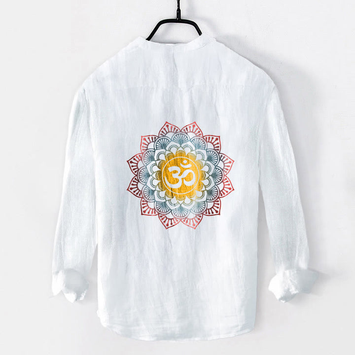 Camisa de manga larga de algodón y lino para hombre con diseño de mandala Om y Buddha Stones , botones y medio botón. - image 2