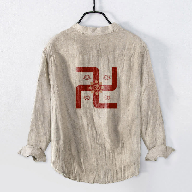Camisa de manga larga de lino y algodón para hombre con diseño de esvástica, símbolo Om y loto con Buddha Stones. - image 2