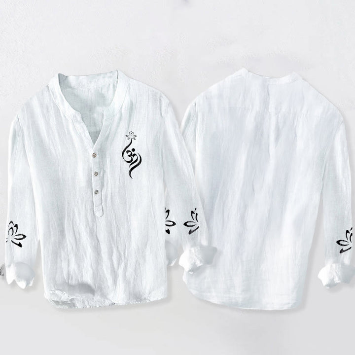 Camisa de manga larga de algodón y lino para hombre con estampado de símbolo Om de loto y Buddha Stones y medio botón. - image 8