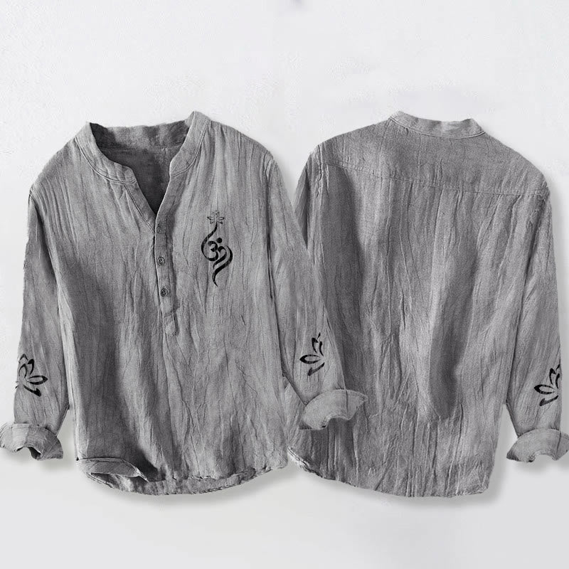 Camisa de manga larga de algodón y lino para hombre con estampado de símbolo Om de loto y Buddha Stones y medio botón. - image 2