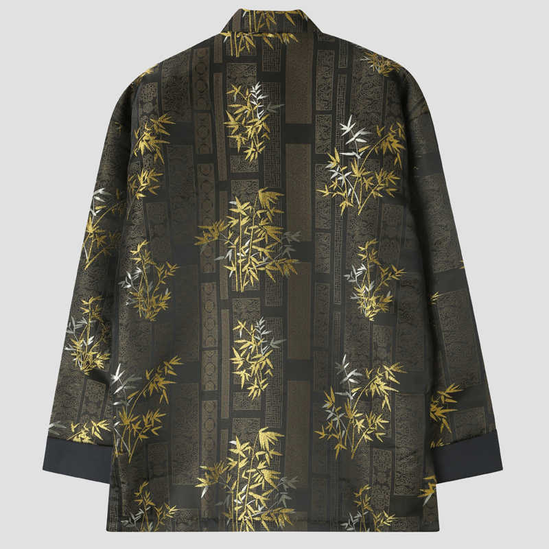 Chaqueta de hombre de manga larga con botones de rana y bolsillos en jacquard de bambú dorado con Buddha Stones - image 1