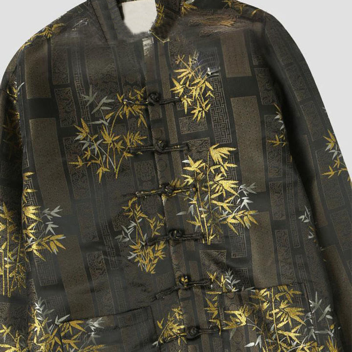 Chaqueta de hombre de manga larga con botones de rana y bolsillos en jacquard de bambú dorado con Buddha Stones - image 2