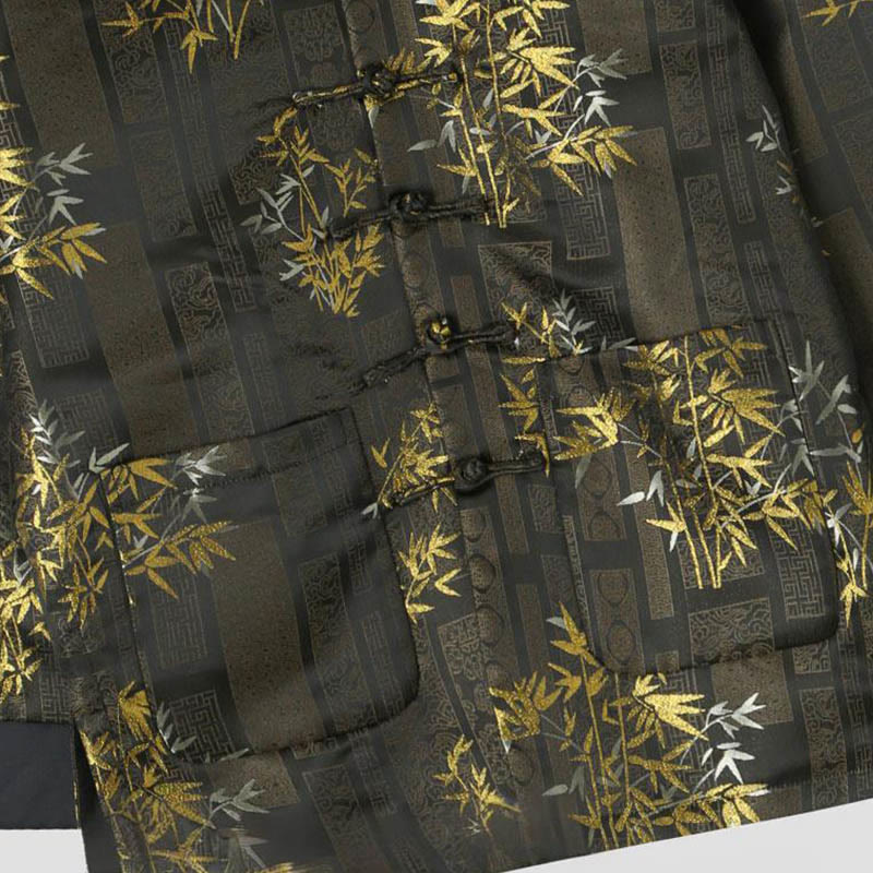 Chaqueta de hombre de manga larga con botones de rana y bolsillos en jacquard de bambú dorado con Buddha Stones - image 3