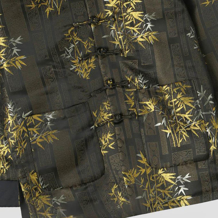 Chaqueta de hombre de manga larga con botones de rana y bolsillos en jacquard de bambú dorado con Buddha Stones - image 3