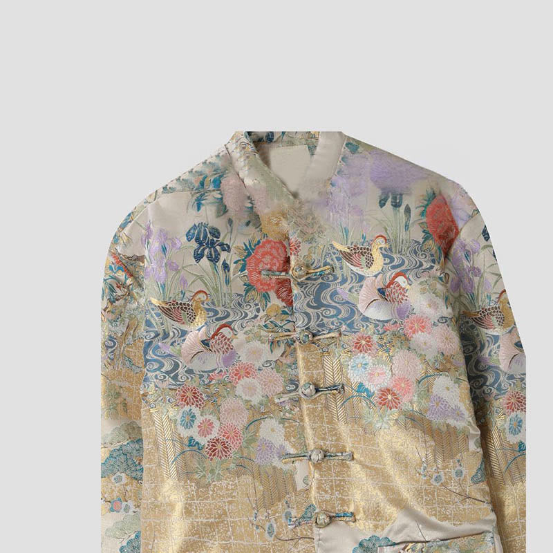 Chaqueta de manga larga para hombre con bolsillos , Buddha Stones, pato mandarín, peonía y rana con botones - image 2