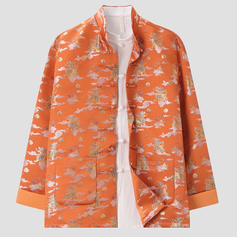 Chaqueta de manga larga para hombre con bolsillos, diseño de rana y botones, con Buddha Stones, kirin naranja y nubes auspiciosas - image 2