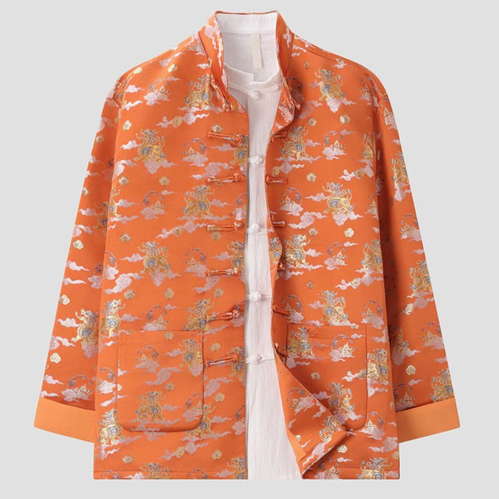 Chaqueta de manga larga para hombre con bolsillos, diseño de rana y botones, con Buddha Stones, kirin naranja y nubes auspiciosas - image 2