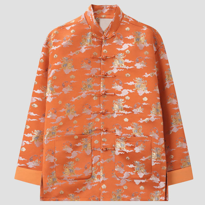 Chaqueta de manga larga para hombre con bolsillos, diseño de rana y botones, con Buddha Stones, kirin naranja y nubes auspiciosas - Naranja oscuro - US/UK/AU44, EU54 (4XL) - image 0