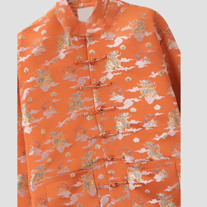 Chaqueta de manga larga para hombre con bolsillos, diseño de rana y botones, con Buddha Stones, kirin naranja y nubes auspiciosas - image 3
