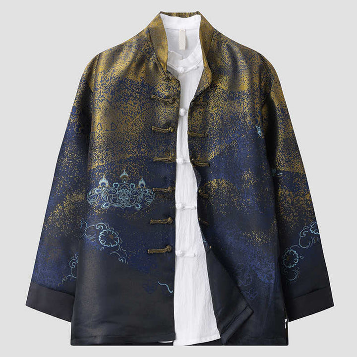 Chaqueta de manga larga con botones de rana y bolsillos para hombre con Buddha Stones, flores azules del desierto dorado - image 2