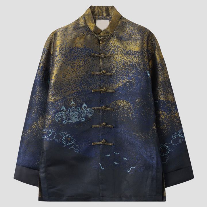 Chaqueta de manga larga con botones de rana y bolsillos para hombre con Buddha Stones, flores azules del desierto dorado - Azul acero - US/UK/AU44, EU54 (4XL) - image 0