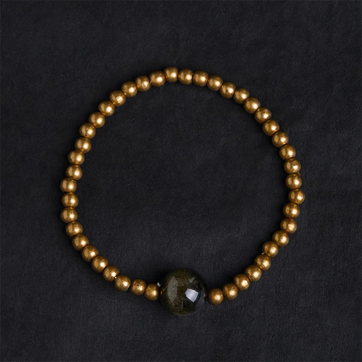 Pulsera de obsidiana con Buddha Stones , cobre, latón y brillo dorado para proteger la riqueza - image 1