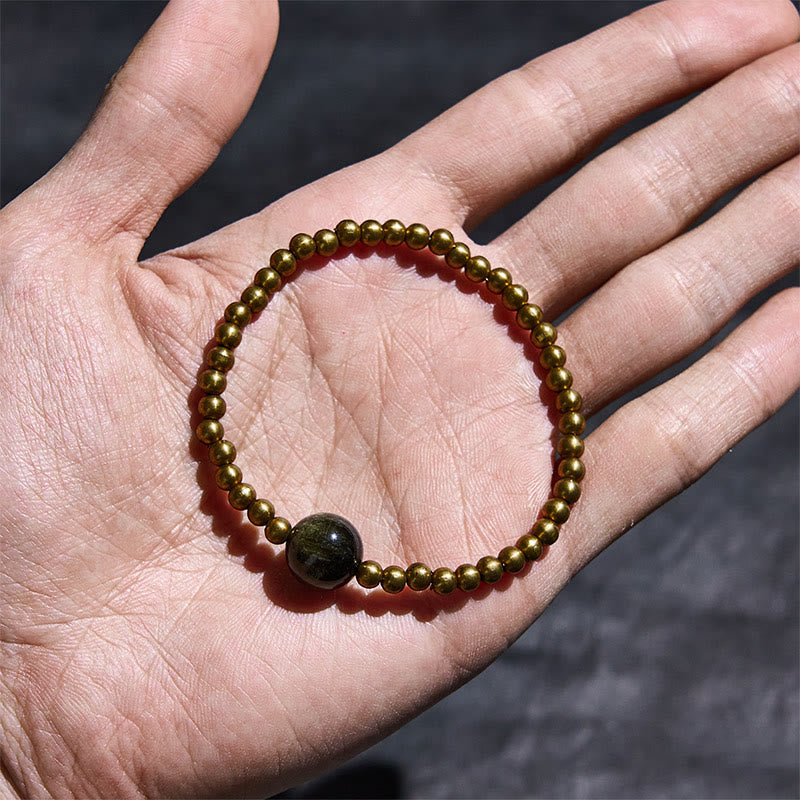 Pulsera de obsidiana con Buddha Stones , cobre, latón y brillo dorado para proteger la riqueza - image 3