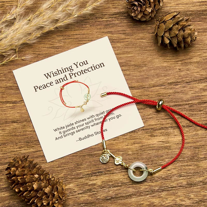 Pulsera de cuerda roja con hebilla de paz de jade hetiano chapado en oro de 18 quilates con Buddha Stones - 14-22 cm - Caja de regalo estándar - image 0