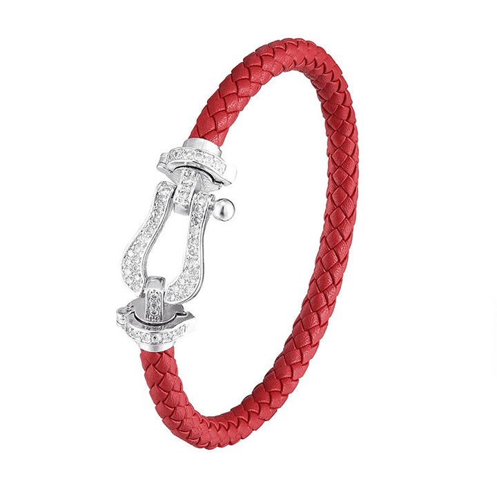 Pulsera de cuero con circonitas en forma de herradura y Buddha Stones con equilibrio de cobre - Hebilla blanca y cuero rojo - 23 centímetros - image 6