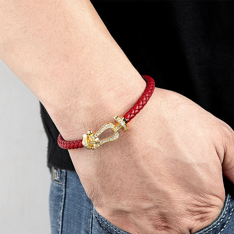 Pulsera de cuero con circonitas en forma de herradura y Buddha Stones con equilibrio de cobre - image 2