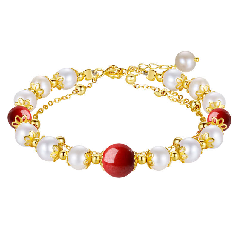 Pulsera de cadena de doble capa con cuentas de sabiduría de cinabrio y perlas de plata de ley 925 con Buddha Stones