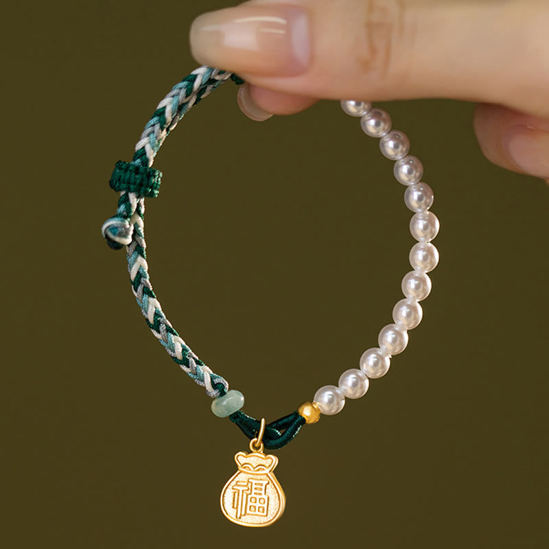 Pulsera de cuerda de sabiduría de jade hetiano con perlas de la suerte y carácter Fu de plata de ley 925 con Buddha Stones