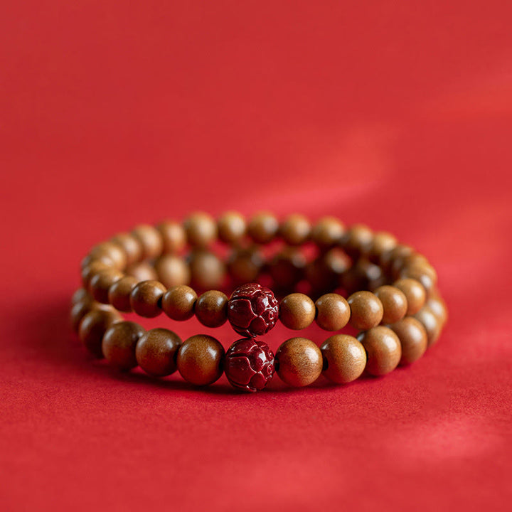 Pulsera de riqueza y suerte con Buddha Stones, madera de melocotón, loto, cinabrio