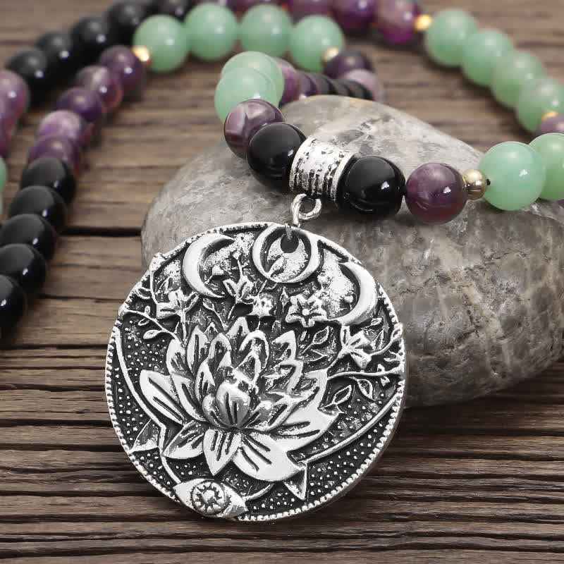 Pulsera de meditación con Buddha Stones , 108 cuentas Mala, amatista, aventurina verde, loto