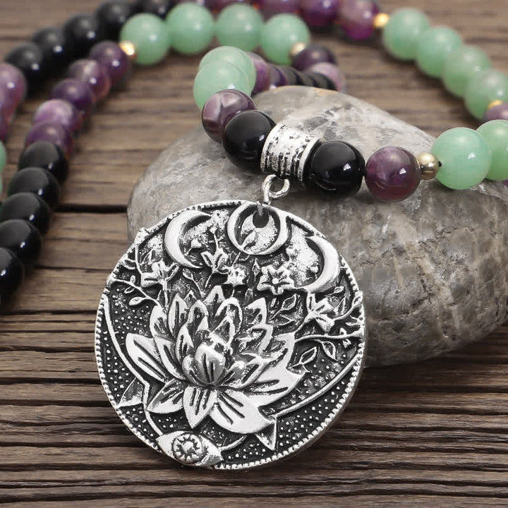 Pulsera de meditación con Buddha Stones , 108 cuentas Mala, amatista, aventurina verde, loto