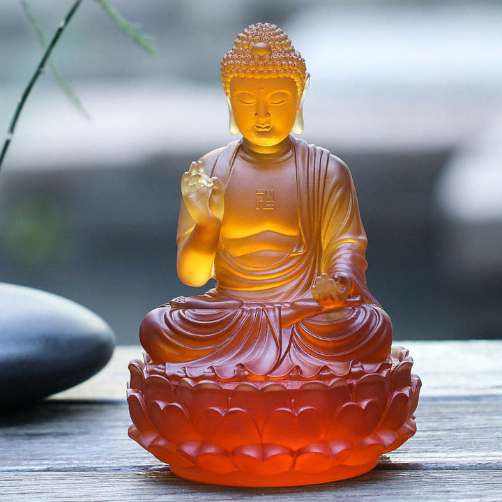 Buddha Stones hechas a mano Sakyamuni Buda Liuli, pieza de arte con cristal, estatua de compasión, decoración para el hogar y la Oficina