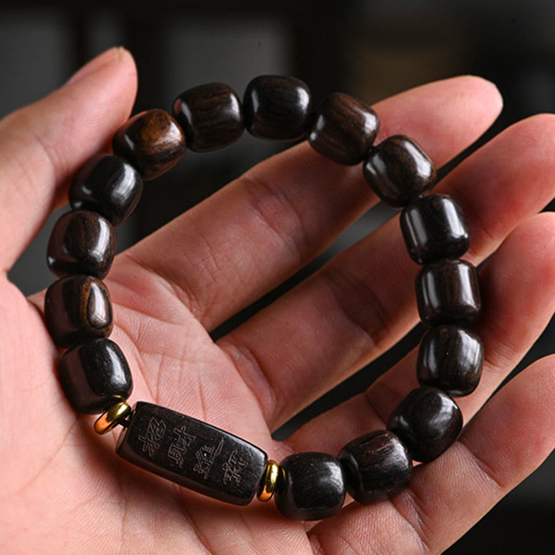 Pulsera de equilibrio de la suerte y el tesoro, cuentas de barril de madera de ébano tibetano, Buddha Stones