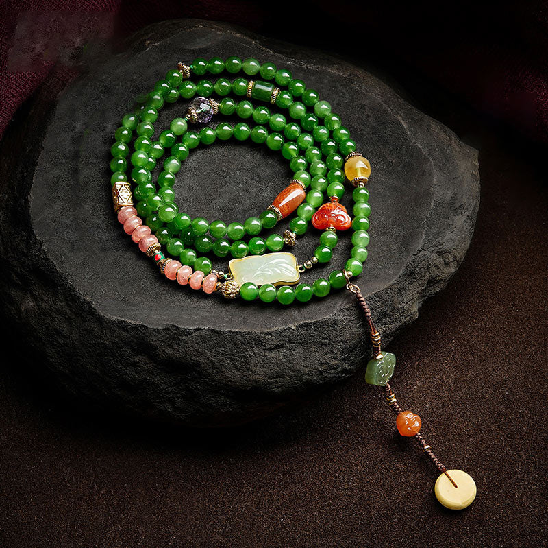 Buddha Stones 108 cuentas Mala cian Jade ágata roja pulsera de la suerte de Buda sonriente