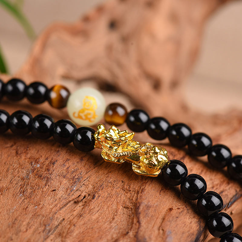 Pulsera Mala de protección PiXiu de obsidiana del zodiaco chino