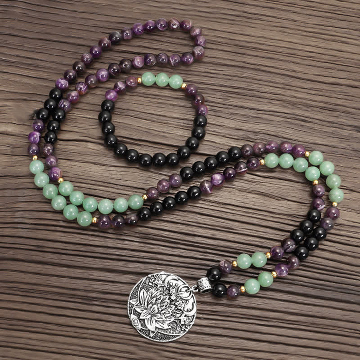 Pulsera de meditación con Buddha Stones , 108 cuentas Mala, amatista, aventurina verde, loto