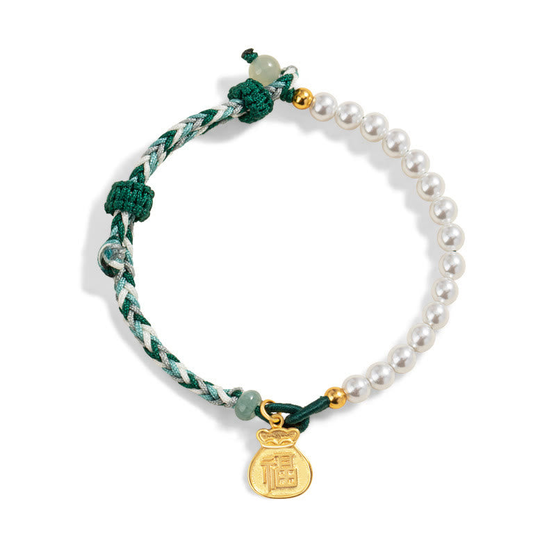 Pulsera de cuerda de sabiduría de jade hetiano con perlas de la suerte y carácter Fu de plata de ley 925 con Buddha Stones