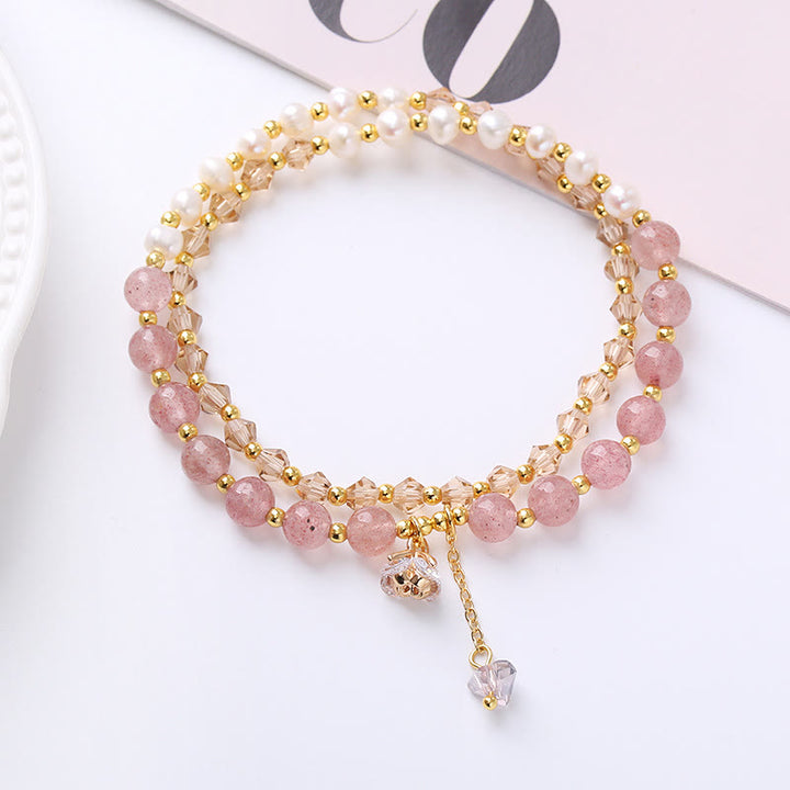 Pulsera de doble vuelta con amatista natural, aguamarina, fresa, cuarzo, perla, curación de la paz