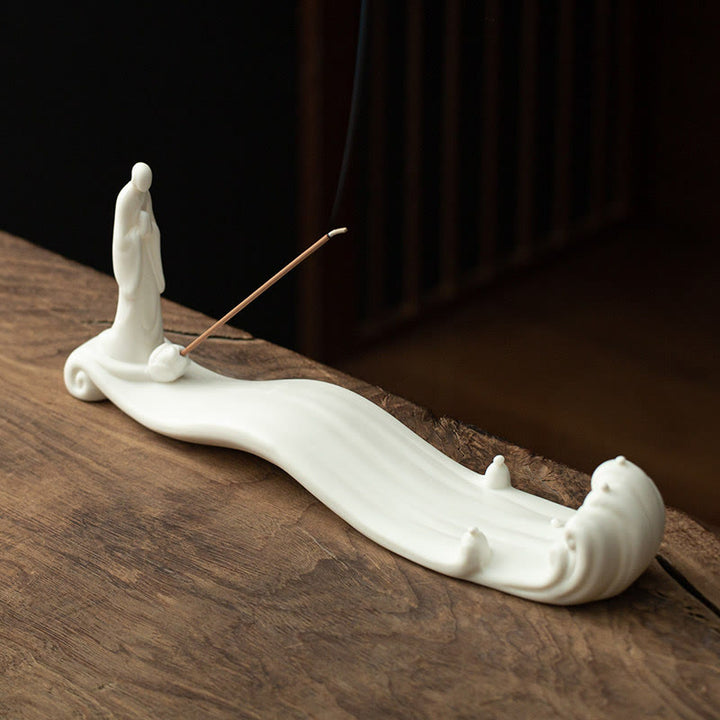 Quemador de incienso de cerámica con bendición de montaña, ola de mar, monje Buda, decoración