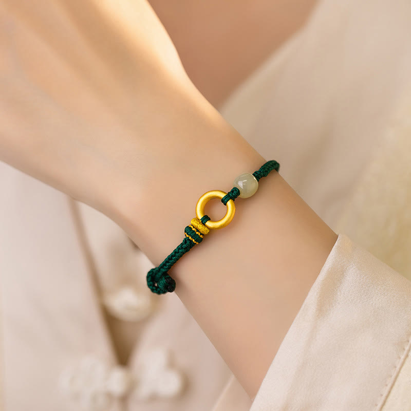 Pulsera trenzada de cuerda verde de la suerte con cuentas de jade hetiano y hebilla de la paz de plata de ley 999 con Buddha Stones