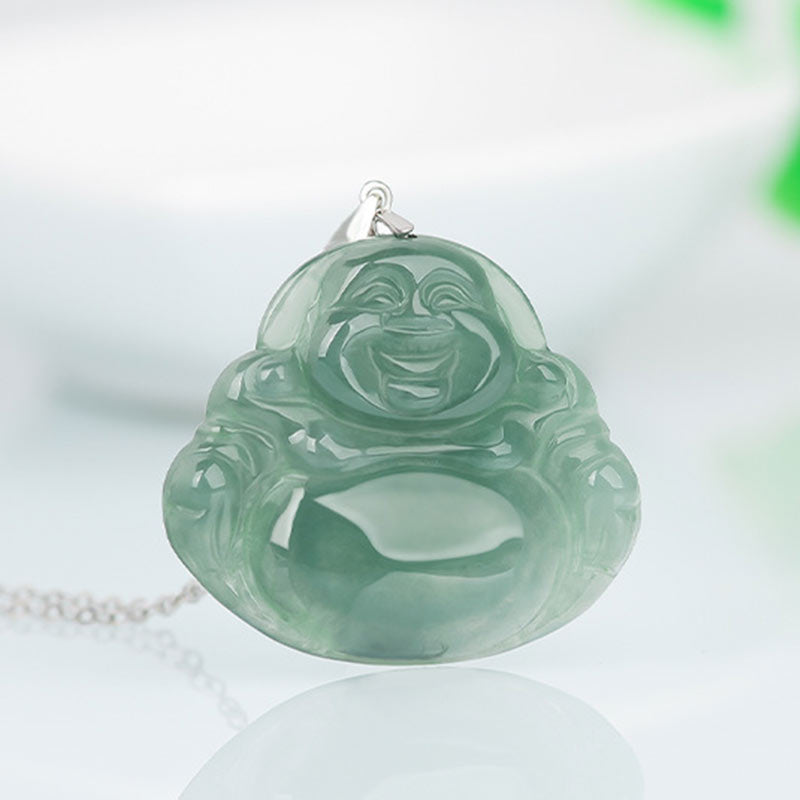 Buddha Stones de plata de ley 925 con colgante de cadena y collar de protección de jade de Buda sonriente - image 2