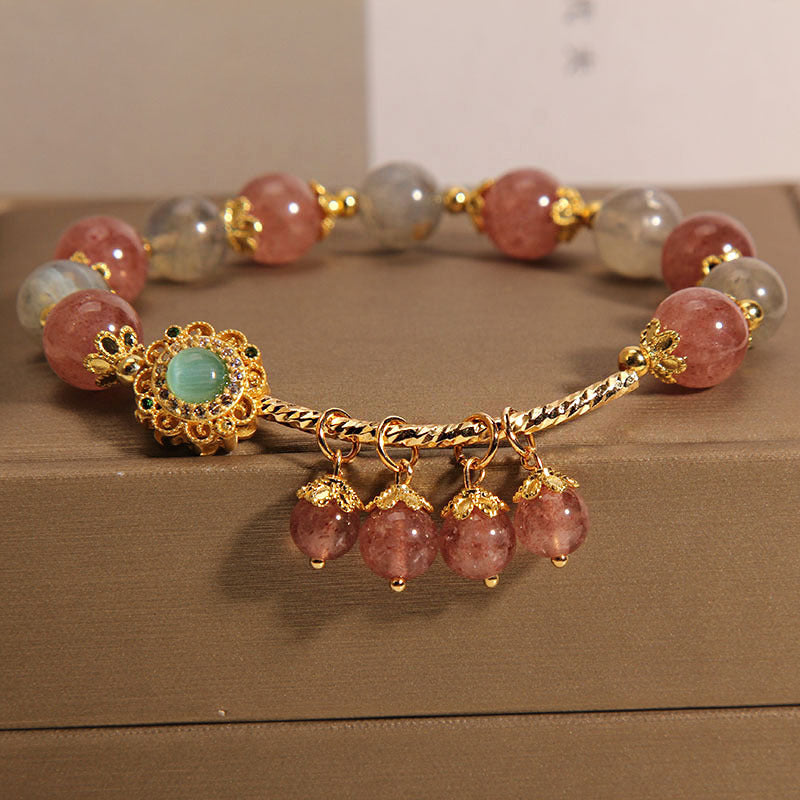 Pulsera con dije de borla curativa con piedra lunar de cuarzo fresa y Buddha Stones