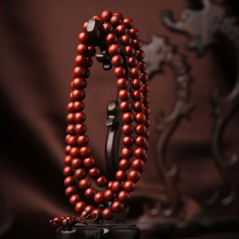 Pulsera de meditación Mala con 108 cuentas de sándalo rojo de hoja pequeña tibetana de Buddha Stones