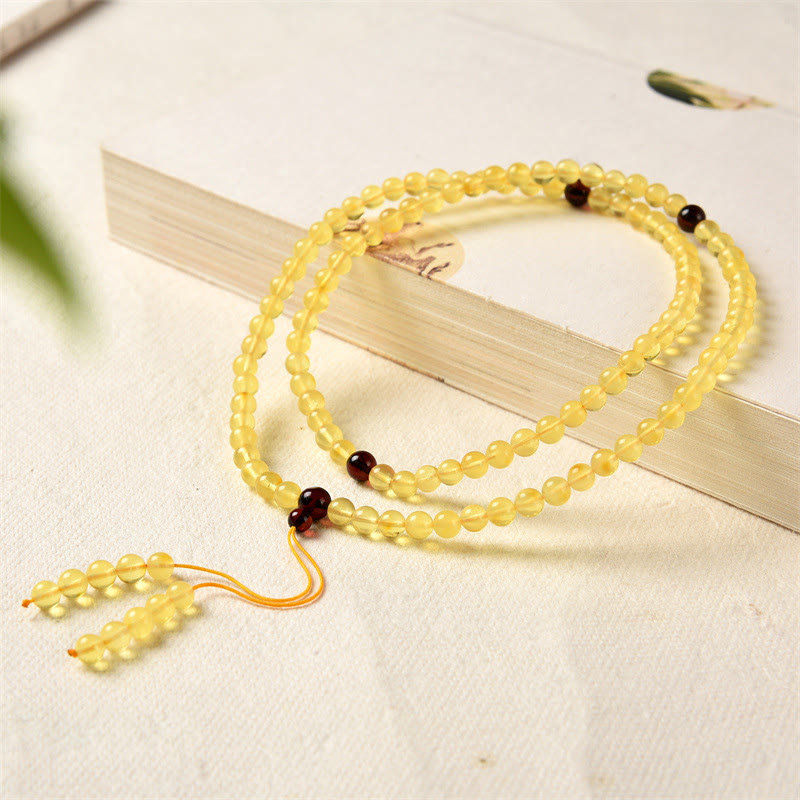 Pulsera de ansiedad transparente con Buddha Stones , 108 cuentas de Mala, ámbar Natural
